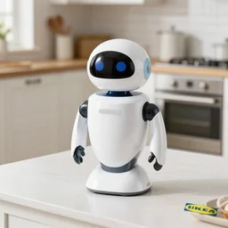 short droid robot helper, white plastic and shiny black, IKEA Catalogue photo in a high end farmhouse style kitchen
