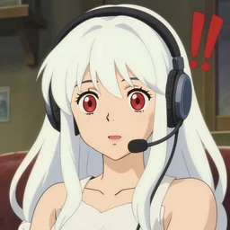anime visual of a young woman, large red eyes, long white hair, ( ( wearing a headset in her room interior!!!!!!!!! ) ), anime poster, cute face by ilya kuvshinov, studio ghibli, makoto shinkai, masakazu katsura, 4 k, anime cels