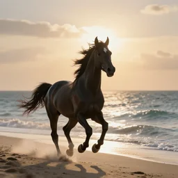 an arabian black horse running in front of a sea, wind in its mane, on the beach, the sun is exploding, smoke everywhere