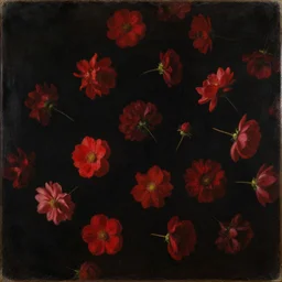 painting of many various red flowers on a dark background, painted by Sandro Botticelli, the flowers are very sparse, floating and are seen from the side, dark atmosphere, realistic flowers oil painting