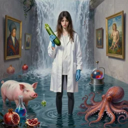 painting of a tall emo girl holding a courgette in a flooded art gallery, waterfall, paintings on the wall, pomegranates, beaker of coloured liquid, pigs, bunsen burner, octopus, lab coat, latex gloves, zen, sensual, surrealist, by magritte and monet