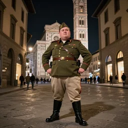 a portrait of a fat character dressed like a military in a street of firenze showing his butt, wide angle, night, by jules bastien - lepage