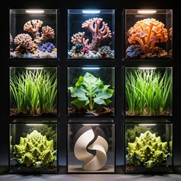 composition of nine square boxes with different plants forms, diorama, front view, led lamps, coral reef, tremella fuciformis, grass, leaves, romanesco broccoli, abstract sculpture, 8 k