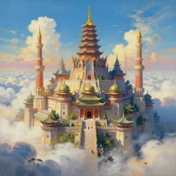a vibrant ancient mosque pagoda castle, utopia dream in the clouds by james gurney, donato giancola, trending on artstation, cinematic composition, beautiful lighting, hyper detailed, 8 k, oil on canvas