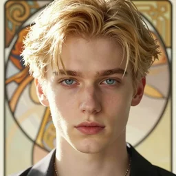 highly detailed vfx portrait of a blond centre parting pretty boy with blue eyes by hidari, wenjun lin, alphonse mucha, sakimichan, sharp focus, art by artgerm and greg rutkowski!, backlit, harsh overhead sunlight,
