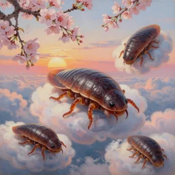 4 k film still of a 🌸🌸🌸🎎 tardigrade!!!!! floating among the clouds during sunset, very detailed, oil on canvas, photorealistic, realism, unreal engine, a tardigrade by gerard brom and gustav dorey