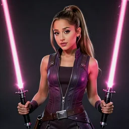 An extremely detailed photo of Ariana Grande in the Star Wars universe holding the handles of two pink lightsabers held in each hand. Maximum detail on artstation, photo realism, vivd details, vivd colour, volumetric lighting