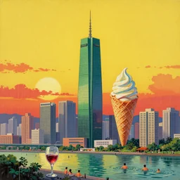 the skyline of kaohsiung, sky 8 5 tower, icecream green and red and i love the sound of music on a rainy sunset with people swimming in wine glasses, super realistic and highly detailed painting by japanese comic illustration on yellow background by fernando botero and james jean, dreamy summer vibes, cinematic colors and super wide angle view