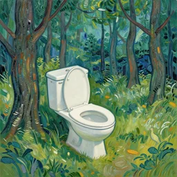 a toilet in the middle of the woods van gogh style