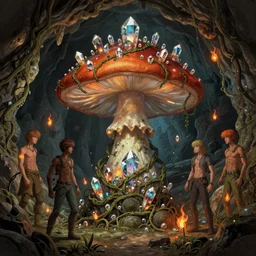 in the underground firefly cave, there is a giant mushroom demon body inlaid with crystals and wrapped by vines, trending on artstation, illustrated by greg rutkowski and andrey surnov and federico pelat and idil dursun, 4 k digital art, intricately detailed