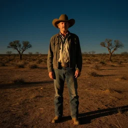 portrait of cormac mccarthy standing in the texas desert at night. realistic zeiss lens 3 5 mm golden hour