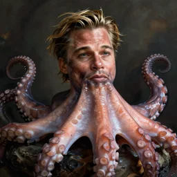 an octopus with brad pitt’s face, hyper realistic