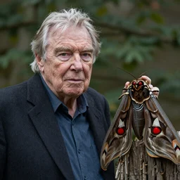 Sir David Attenborough next to a red-eyed Mothman