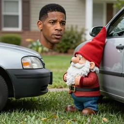 Gnome George Floyd steals a car in my yard, high detail photo