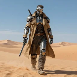 high fantasy cybernetic gunslinger with a trench coat walking across the desert in the daytime, concept art, illustration, 4k, vibrant colors