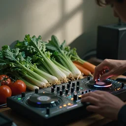 film still of bipedal fresh vegetables making beats on an mpc