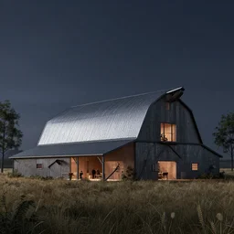 a beautiful ultradetailed illustration of housebarn industrial architecture by lee madgwick, meadow at night elysian futuristic, archdaily, wallpaper, highly detailed, trending on artstation.