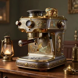 steampunk espresso machine with a soul, on a wooden table, intricate detail, hyper detailed, ultra realistic, sharp focus, smooth, octane render, lantern, volumetric, ray tracing, artstation trending, cgsociety, sense of awe, mystical, by alphonse mucha 4 k