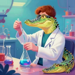 digital art painting of alligator scientist doing chemistry, trending on artstation, vibrant colors