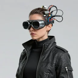 a female cyberpunk, goggles, boner jacket, with electrical wires and computer cables coming from his head, by craig mullins, james jean and agnes cecile, and dave mckean, ashley wood, ink drips, paint smears, digital glitches, glitchart