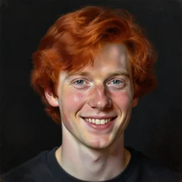 hyper realistic painting portrait of a smiling redhead by stjepan sejic, by norman rockwell, by michael hussar, 5 5 mm, f / 1. 8, black background