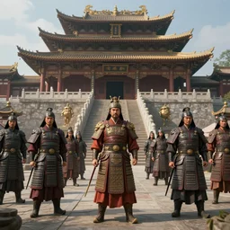 ancient chinese military generals in old asian temple, beautiful texture, beautiful graphics, fantasy artwork, very beautiful scenery, hd, hdr, ue 5, ue 6, unreal engine 5, cinematic 4 k wallpaper, 8 k, ultra detailed, by popular digital, details, beautiful image ever created, high resolution, artstation, award winning