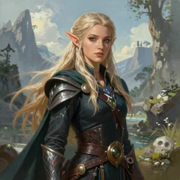 A comic book style portrait painting of a beautiful long haired elf wizard in a stunning fantasy landscape, unreal 5, DAZ, hyperrealistic, octane render, RPG portrait, dynamic lighting