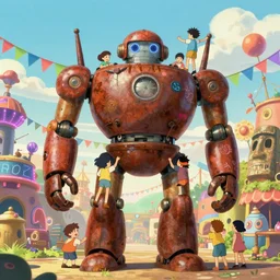memorable animation key shot, anime movie screenshot, kids climbing up the giant bulbous rusty robot schwerer gustav!!!!, colorful bunting, neon, flags, festival, grafitti!!, moai, ghibli, themepark, by mandy jurgens, by satoshi kon, ilya repin, lena aenami, shinji kimura, daylight pastel color palette