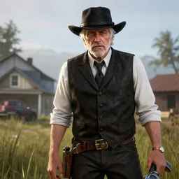 Gameplay screenshot of Bernie Sanders in Red Dead Redemption, RDR2, Cover Art, Ray Tracing, render