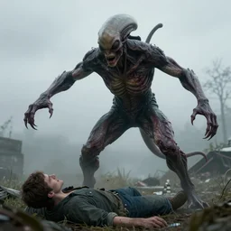 a grotesque, disfigured alien creature lunging itself at a helpless man, outside, overcast day, horror movie, unreal engine, octane render
