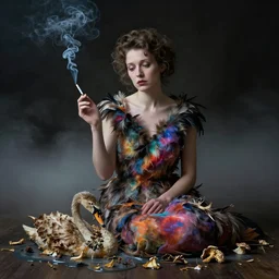 photographic portrait of sad max ernst woman swan dried melting floral fungus with spiraling cigarette smoke, wearing a dress made of feathers, colorful nebula, in fog