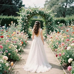 analog photograph of beautiful bride from the back wearing a long flowing wedding dress in stunning flower garden on a stone pathway with an archway at midday by mark owen. pastel colours. hessian. bokeh. cinematic. hq. detailed. contrast. cinestill 8 0 0 t
