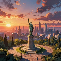 a statue in a small park on top of a hill that overlooks a futuristic city at sunset, comic background art