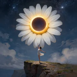 giant white daisy flower as a head, girl dancing on cliff, surreal photography, solar eclipse, milky way, dramatic light, impressionist painting, clouds, digital painting, artstation, james gilleard, liam wong, jeremy mann, simon stalenhag