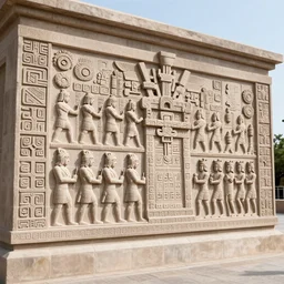 temple bas - relief wall tiles side view aztecs incas hundreds of warriors full body well proportioned pacing to altar by eddie mendoza hyperrealism expressive eyes cyborgess symmetrical very very detailed giger beksinski grey and gold