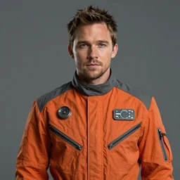 portrait of a man by greg rutkowski, he looks like chris pratt, wearing a utilitarian orange and gray jumpsuit, scifi, sharp foccus, artstation hq.