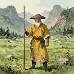 a chinese battle monk, wearing a faded dark yellow toga, a gray straw hat, holding a long wooden staff that is perpendicular to the floor, long white beard, beautiful valley with a meadow and dozens of mountains, lots of shading, full body shot, drawn in the style of ken kelly