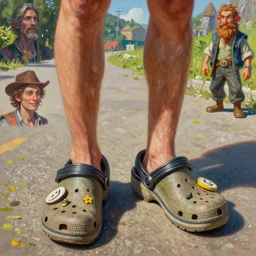 a mixed media portrait painting of a pair of croc sandals in a driveway, ultra realistic, highly detailed, by greg rutkowski, beeple, yoko taro, christian macnevin, beeple, wlop and krenz cushart, epic fantasy character art, volumetric indoor lighting, midday, high fantasy, cgsociety, cheerful colours, full length, exquisite detail, post - processing, masterpiece, cinematic