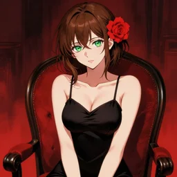 sexy woman with brown hair and green eyes, wearing a camisole, flower in her hair, sitting on a chair, red and black color palette, in the style of and ilya kuvshinov and greg rutkowski, high quality anime artstyle, intricate