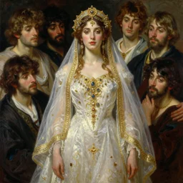 hyper realistic painting of veiled bride, gold ornaments, flowing fabric, intrincate detail, detailed faces by wayne barlowe, gustav moreau, goward, gaston bussiere and roberto ferri, santiago caruso, and austin osman spare, ( ( ( ( occult art ) ) ) ) bouguereau, alphonse mucha, saturno butto