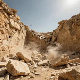 The walls of Jericho falling down, crumbling, collapsing, disaster, earthquake, chaos, cinematic lighting