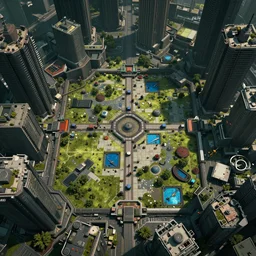 rpg battlemap of the outside of a cyberpunk city - block, post - apocalyptic, decay, photorealistic