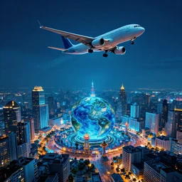 a plane flying overhead during the night. photo realistic. underwater cityscape, hdr. 4 k. cyanine earth day festival. creative digital art.