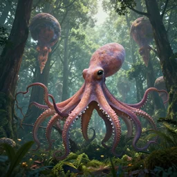 a beautiful forest full with hundreds of giant floating octopusses, beautiful low light, octane render 8 k