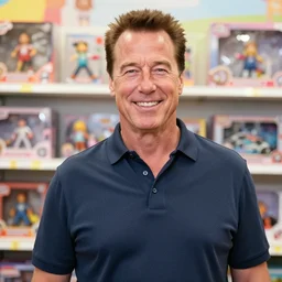 photo of arnold schwarzenegger happy at a kid's toy store, highly - detailed, sharp focus, award - winning