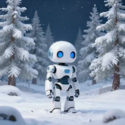 a small glossy white cybernetic robot stands on the snowy ground in a forest of white fir trees at night. snowing. cyril roland naomi okubo. trending on artstation. digital painting.