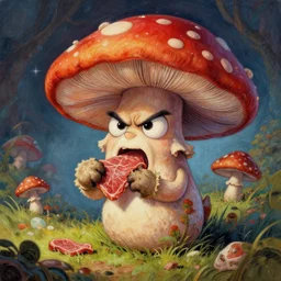 trippy angry mushroom eat a meat, acrilic paint, digital, artstation, detailed intricate ink illustration, heavenly atmosphere, digital art, overdetailed art, concept art, complementing colors, trending on artstation, cgstudio, the most beautiful image ever created, dramatic, subtle, details, award winning artwork, beautiful scenery