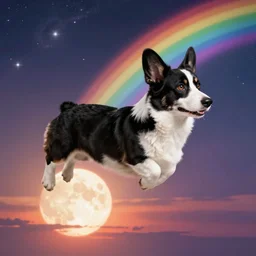 a black and white corgi jumping over a sunset moon with a rainbow galaxy background detailed render 8 k