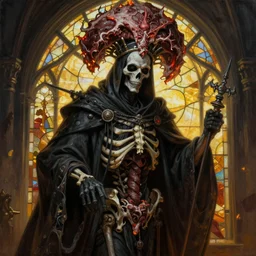 breathtaking detailed painting of grim reaper with a big headdress, by ruan jia, meat and bones cloak, golden twilight stained glass, amalgamation of embers, 8 k, concept art, matte, sharp focus, rembrandt style