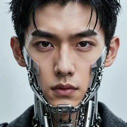 very up close portrait, of fashion elegant sophisticated of a brilliant wild male explorers in the rain ， full face frontal centered ， slender eyes, with complicated metal mechanical cameras, black sports jacket, ultra detailed wire decoration, complex golden future mechanical device, head mounted night vision instrument ， micro detail, by nixeu and guweiz weta, sleek curves, intricate sharp focus,